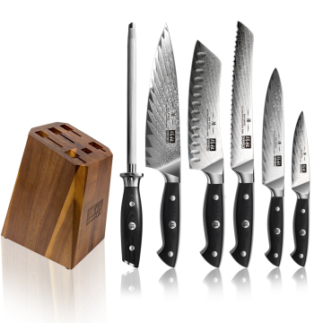 SHAN ZU 7PCS Japanese Damascus Steel Kitchen Knife Set with Wood Holder - Latest Arrival