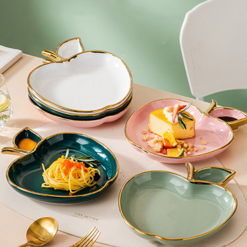 Nordic Light Luxury Green Porcelain Apple-Shaped Plate with Pink and Gold Edges