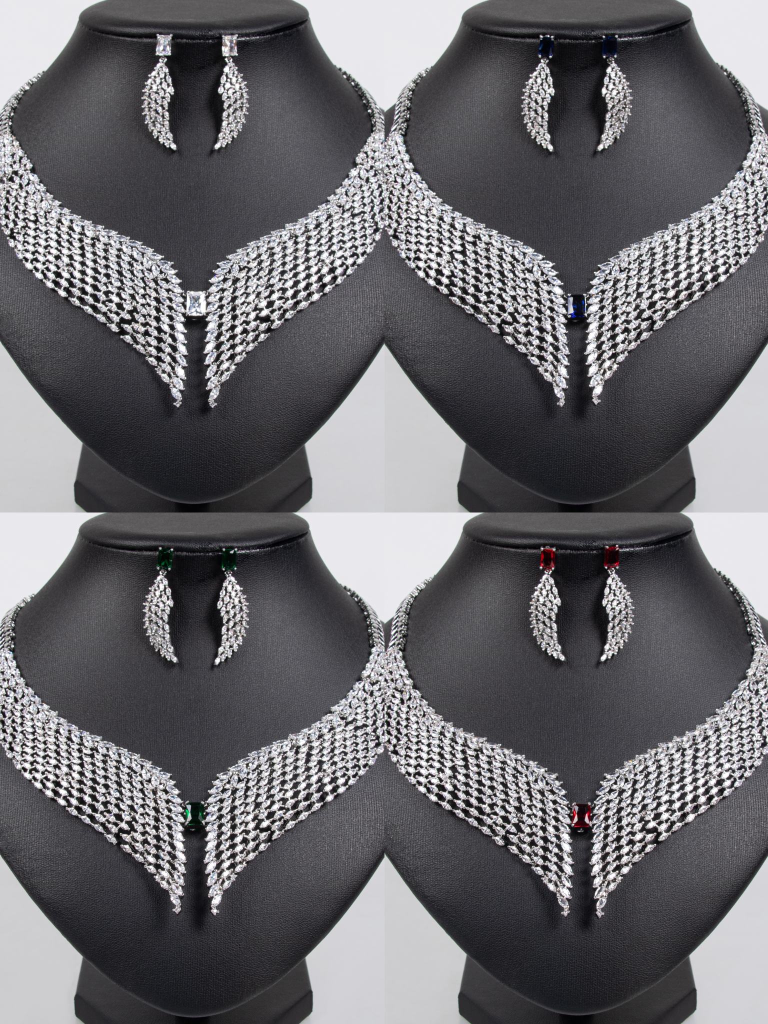 Wing Shape Paved CZ Collar Bridal Necklace Earring Set