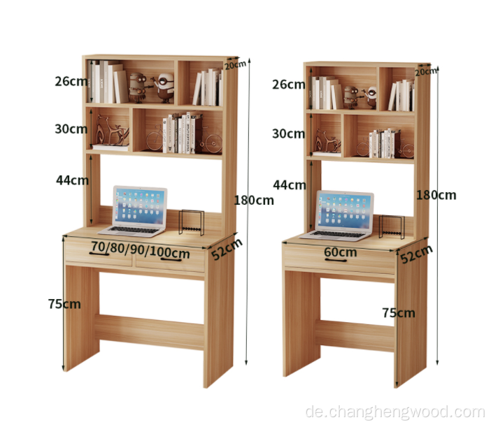 Moderner Holzcomputertisch mit Bücherregal und Stuhl