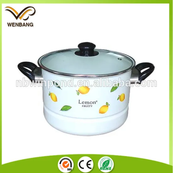 wonderful decal double handle enamel cookware, carbon steel enamel pot with glass lid