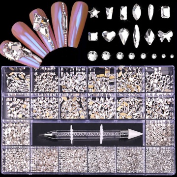 21 Grid Boxed Rhinestone Special Shaped Diamond Nail Art Set with Point Drill Pen Accessories