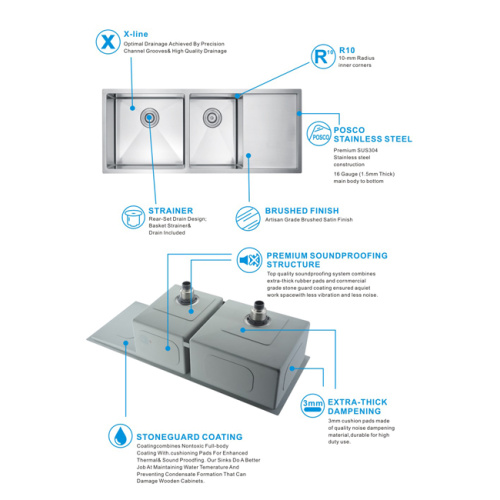 SUS304 Kċina Double Bowl Sink bi Drainboard