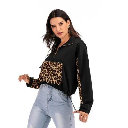 Women's Casual Stitching Leopard Print Pullover Sweatshirt
