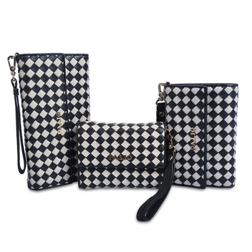 Portefeuille femme minimaliste en cuir brillant avec grille