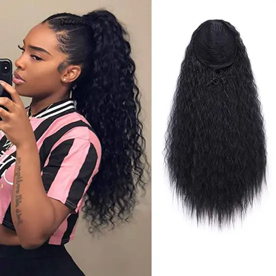 Clip in Corn Wave Ponytail Extension Drawstring Long Yaki Wavy Pony Tail Hair 22 Inch Synthetic Hairpiece - Black for Women