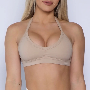 高品質の女性のジムヨガウェアホルターバックレスストラップパッドデッドスパンデックスオープンバックスポーツブラ