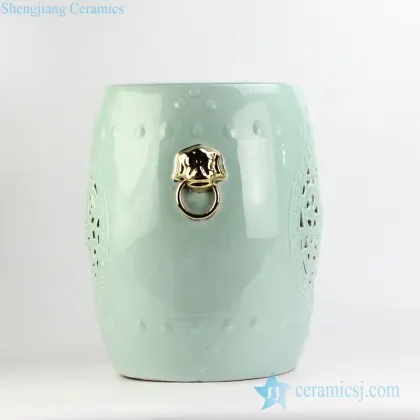 Celadon Glaze Golden Pleated Lion Ring Handle Carved Ceramic Stool
