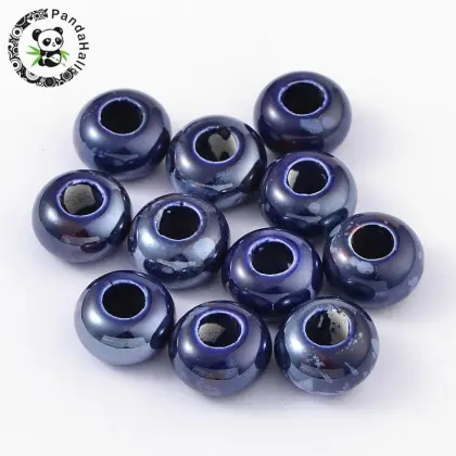 15x10mm Handmade Porcelain Clay Ceramic Jewelry Making Loose Necklace Ethnic Beads, Pearlized, Rondelle, SteelBlue