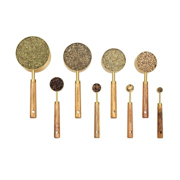 Golden Stainless Steel Measuring Cup Set with Acacia Wood Handle