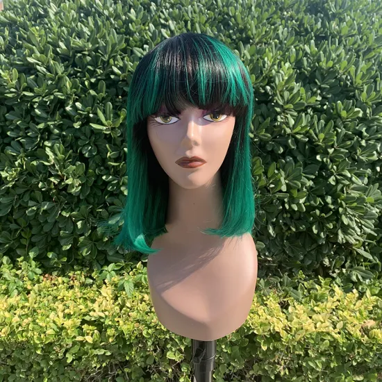 Cheap Price Human Hair Ombre Color 1b Green Short Bob With Bangs Wigs Machine Made Bob Wigs Brazilian Virgin Hair Non Lace Wigs