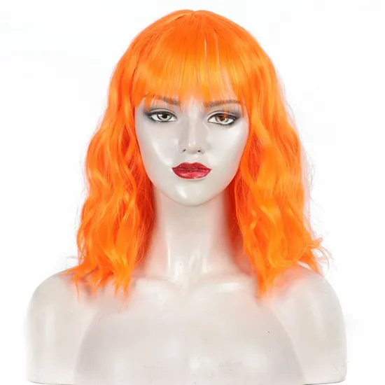 Hot Sale Wholesale 14inch Orange Pure Bob Short Natural Curly Wave With Bangs Synthetic Wigs Hair Wigs For Women Cosplay