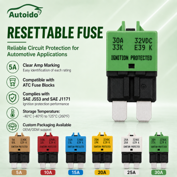 E39 Pemutus Sirkuit Sekering Reset Otomatis ATC E39 Sekring Pisau Pemutus Sirkuit Manual T3 Reset Profil Rendah ATC/ATO 3-30A 32VDC Nilai UL
