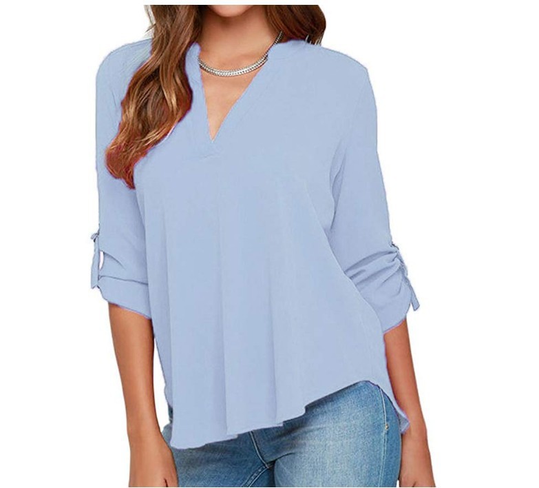 Womens Casual Cuffed Sleeves VNeck Shirts