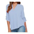 Womens Casual Cuffed Sleeves VNeck Shirts