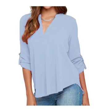 Womens Casual Cuffed Sleeves VNeck Shirts