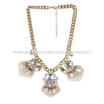 Large Acrylic Bib Necklace with Clear Stones, Chunky Chain, Multicolored Available
