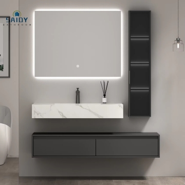 Top Grade Luxury Hotel Plywood Wall-Mounted Bathroom Vanity Cabinet with Stone Sink