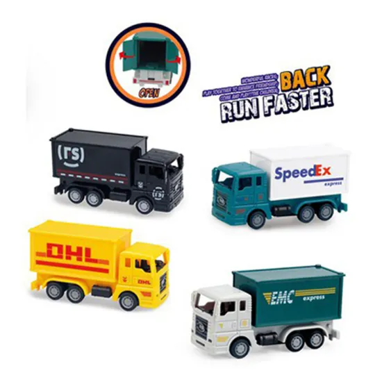 Assorted Pull-Back Car Toys 4 Pack: Express Car Model Open Container Trucks