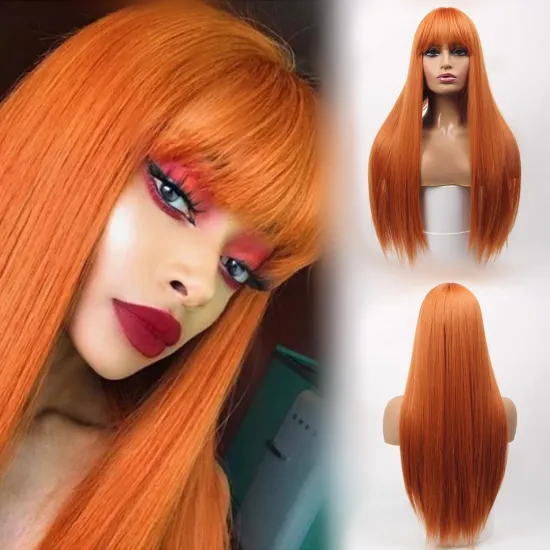 24 Inch Orange Long Straight Wig with Heat-Resistant Bangs: Natural Feel and Layered Design for Women's Daily Use