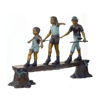 Outdoor garden decoration bronze children siting on bench sculpture statue