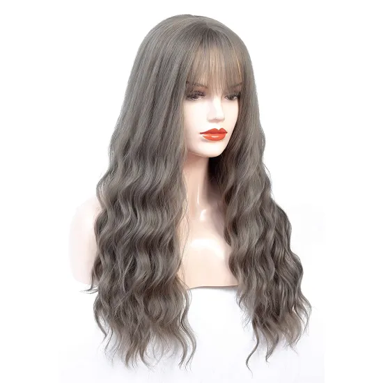 Synthetic Wig With Bangs Long Natural Wave Hair For Women Middle Part Heat Resistant Colorful Fully Soft Heat Resistant Fiber