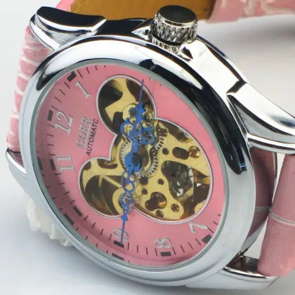 Pink Mechanical Ladies Automatic Watch Skeleton , Leather Wrist Watches