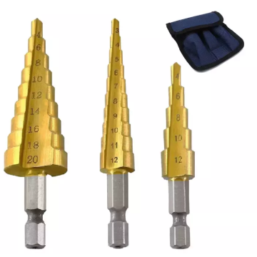 Hot Sale 3PCS TIN Coated HSS STEP STEP BIT SET สำหรับการขุดเจาะโลหะ