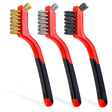 3 Pcs Brass Stainless Steel Nylon Brushes Kit with Curved Handles for Detailing and Rust Removal