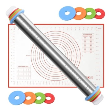 Adjustable Stainless Steel Rolling Pin & Non-Stick Silicone Baking Mat Set with Measuring Marks