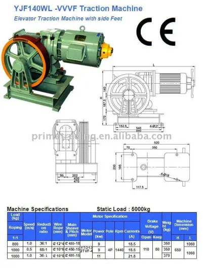 VVVF Traction Machine YJF140WL with side feet(800-1000kg)