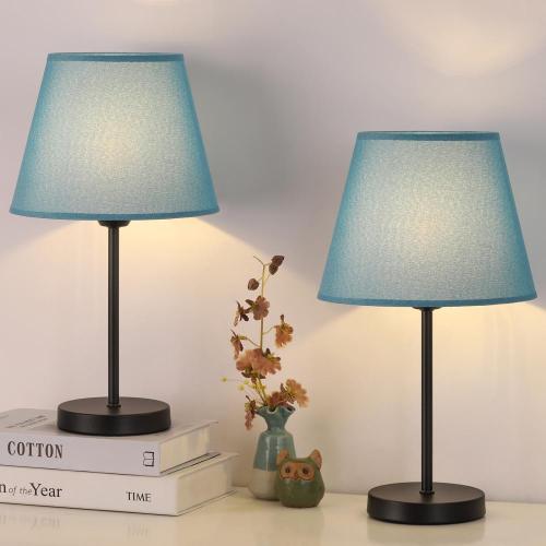 Lámpara de escritorio de noche con pantalla de lámpara de lino azul