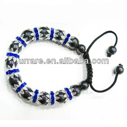 Hematite Bead Flower Blue Rhinestone Cord Bracelet