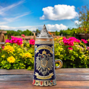 1L Beer Stein with Metal Pewter Lid, Steel Germany Oktoberfest Tankard Eagle Bierkrug
