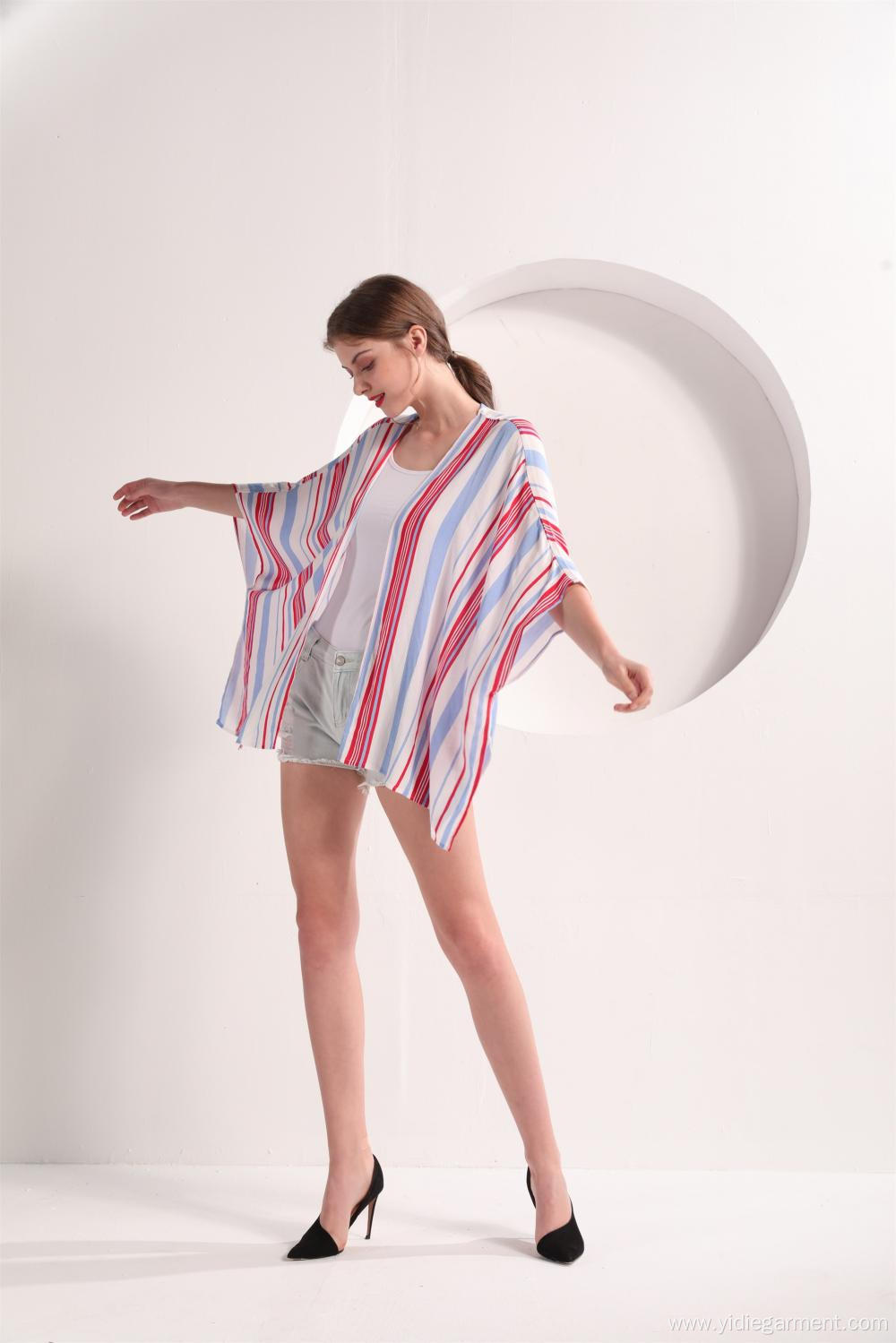 Open Front Stripe Short Sleeve Kimono