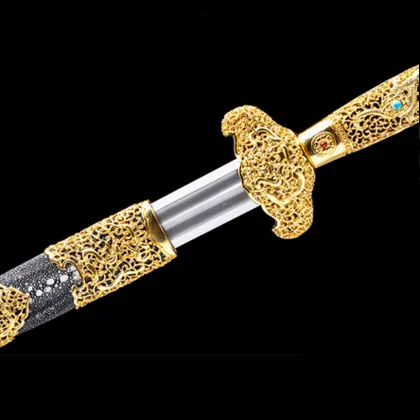Qing Sword Luxury Sky Dragon Sword Gold Hollow Brass Relief Collection and Display Crafts