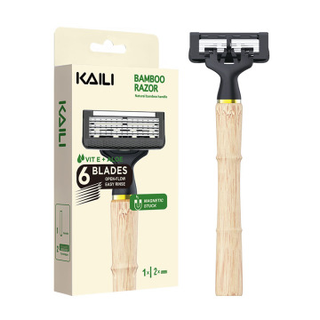 6-Blade Men's Shaving Razor with Bamboo Handle and Magnetic Connection