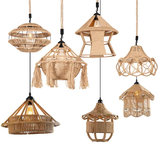 Hemp Rope Pendant Light: Rustic Woven Cage Chandelier with Metal Wire Lighting Fixture for Farmhouse Decor