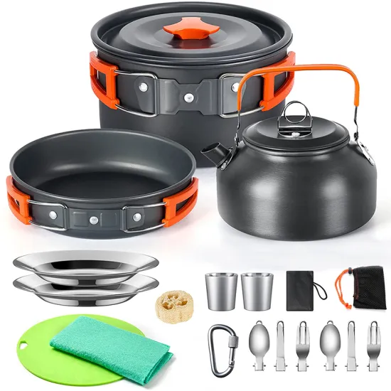 Travel hiking folding non-stick aluminum camping cookware set pots and pans outdoor cooking set