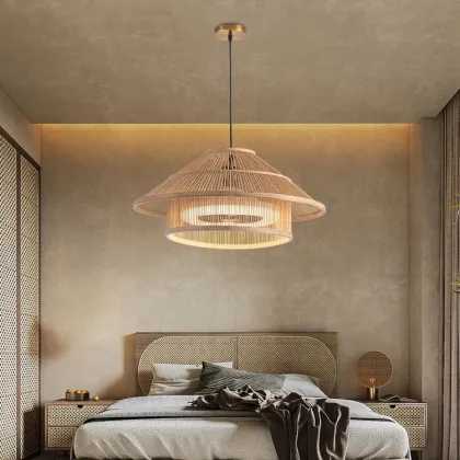Nordic White Designer Bedroom Bamboo Woven Remote Control Dimmable LED Ceiling Fan Lights
