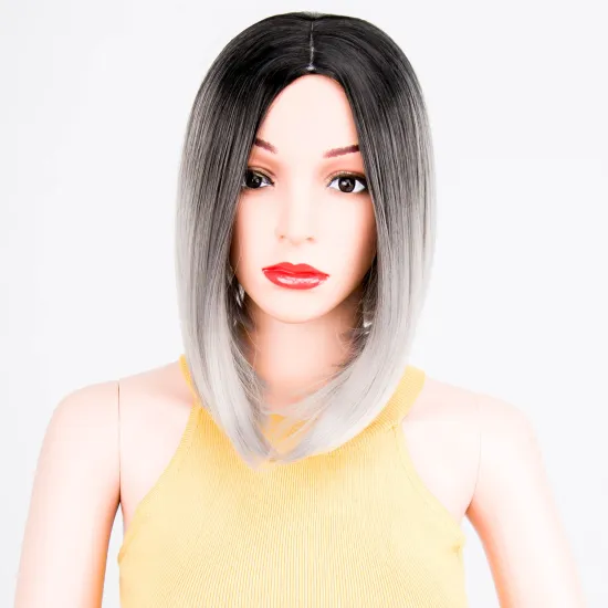 High quality wholesale premium vendor ombre silver short straight wavy hair synthetic heat resistant wig lace front black women