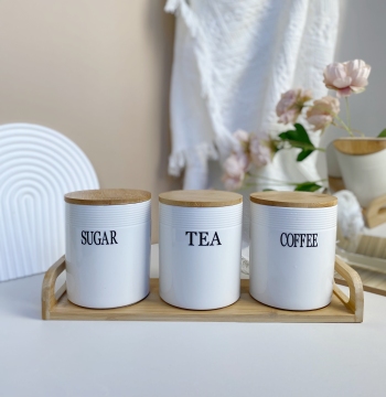 Modern Gold Electroplated Ceramic Coffee Tea Canister with Bamboo Lid and Tray
