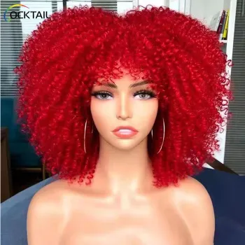 Red Color Afro Kinky Curly Wigs With Bangs For Black Women High Temperature African Synthetic Ombre Glueless Cosplay Wigs