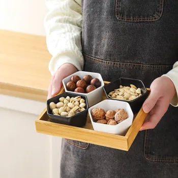 Ceramic Nut Tray Set with Bamboo Tray for Living Room Snacks and Dried Fruits