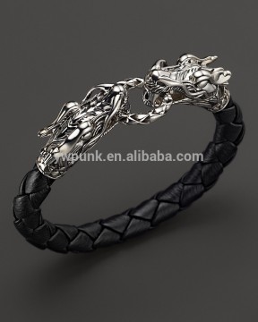 high quality China supplier Most Popular Braided Black Leather Cool China Dragon Beast Animal Head Clasp Wrap Bracelet For Me