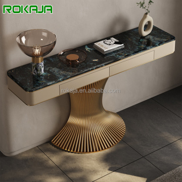 Gold Stainless Steel Deluxe Console Table with Drawers and Sensor Light for Living Room and Entryway