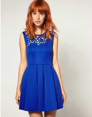 Blue Sleevless Short Flared Dresses , Jersey Cotton A-line With Zip