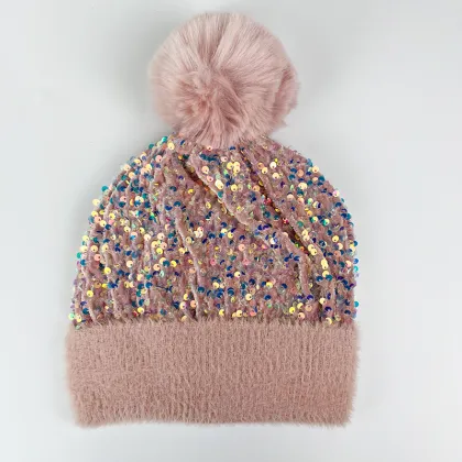Wholesale High Quality Big Fake Fur Shiny Pom Pom Beanie Hat