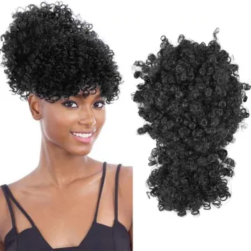 High Puff Drawstring Short Brown Pony Tail Warp Bun Afro Kinky Curly Wig Ponytail Chignon With Bang Synthetic Hair Extensions
