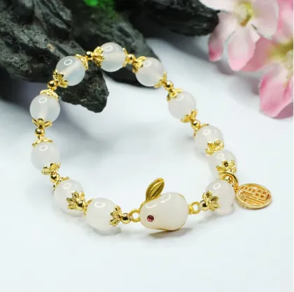 White Jade Rabbit Bracelet - Natural Raw Stones Fashion Jewelry for Women
